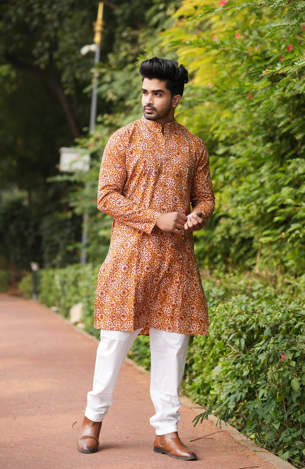 Men's Hand Block Print Cotton Kurta – Orange