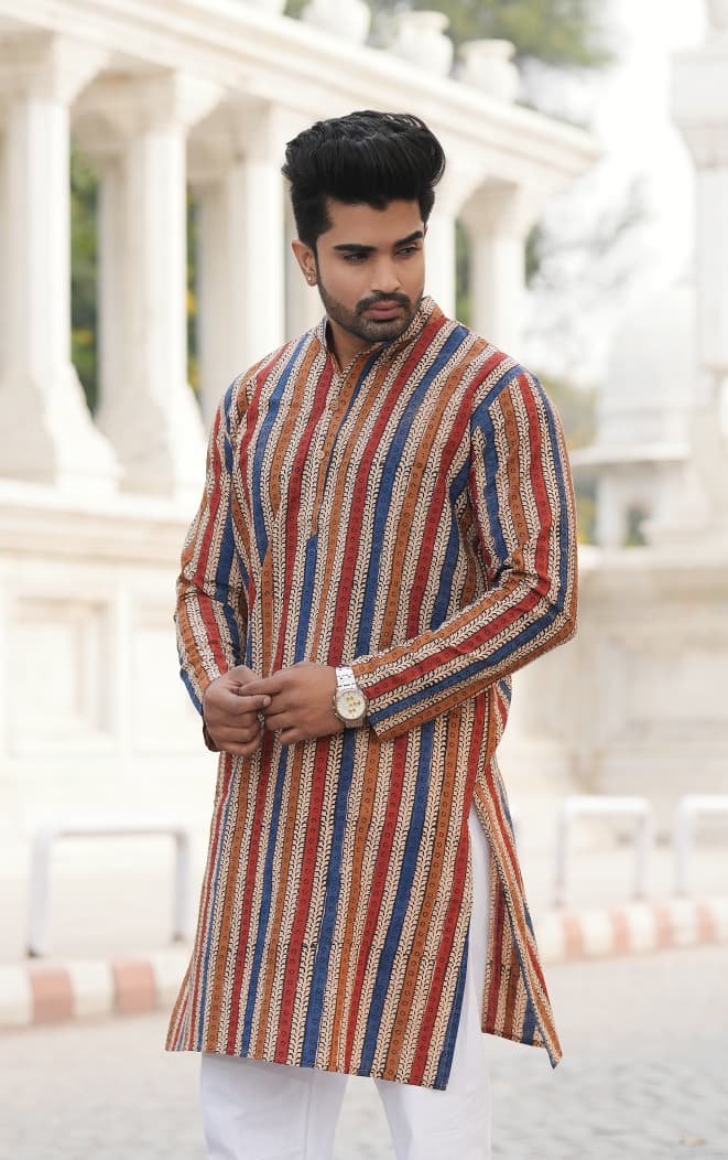 Men's Hand Block Print Cotton Kurta – Multicolor