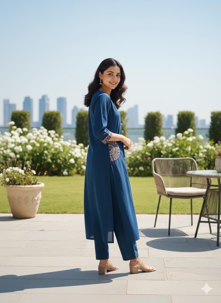 Women's Embroidery Cotton Kurta Palazzo Set – Deep Teal Blue