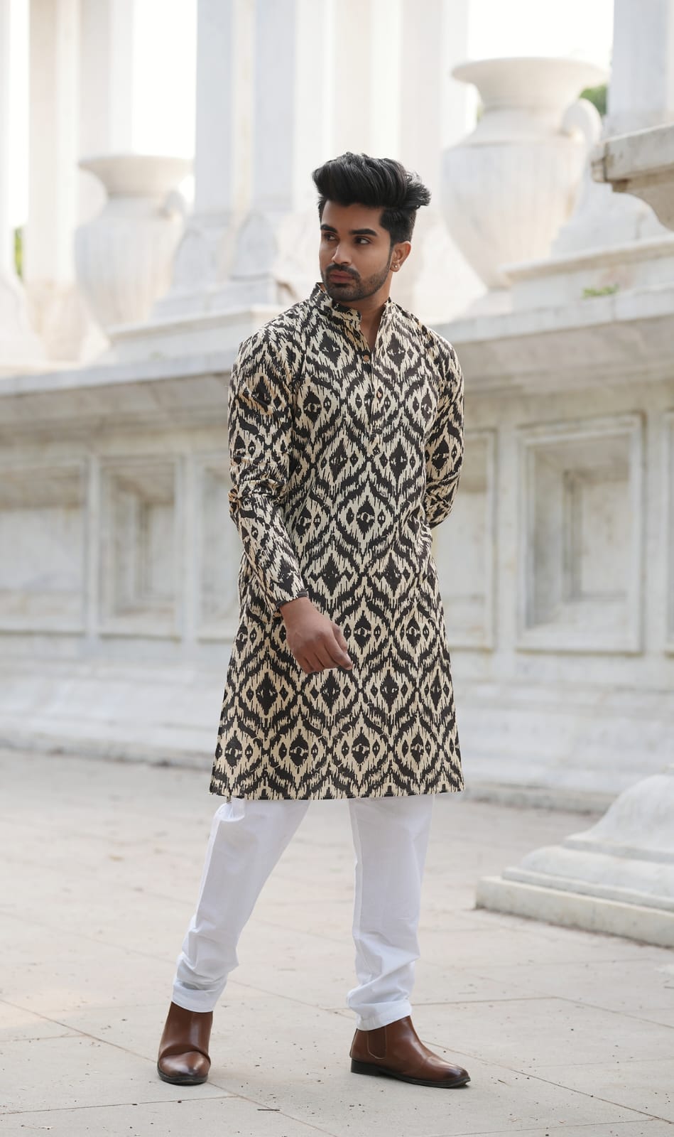 Men's Hand Block Print Cotton Kurta – Black