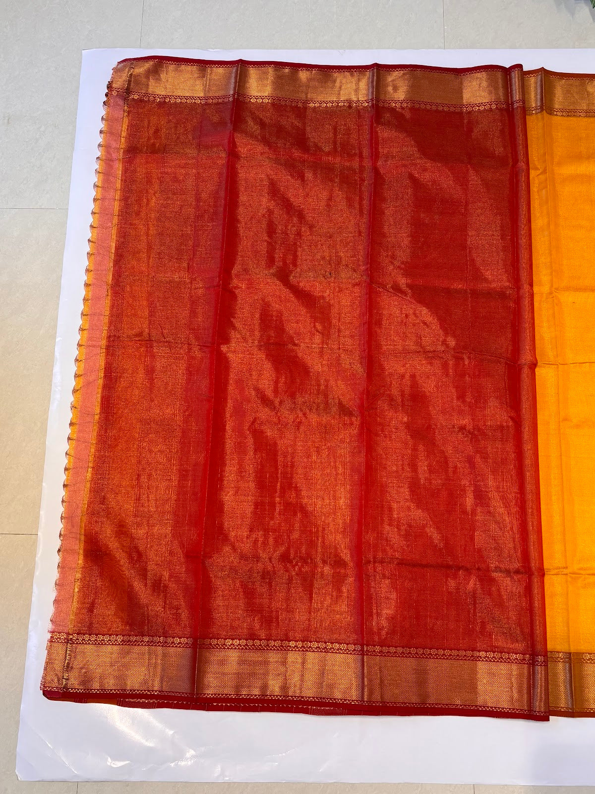 Yellow Maheshwari Handloom Saree with Rich Red Zari Pallu