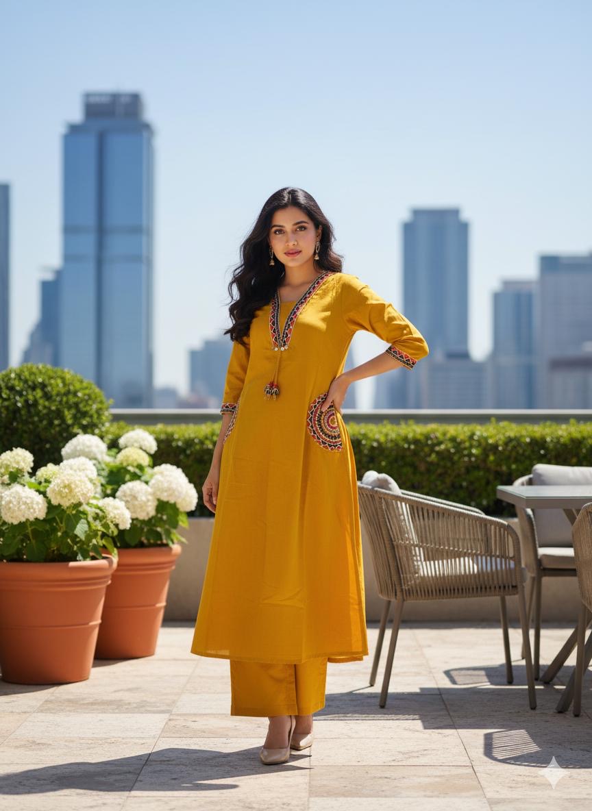 Women's Embroidery Cotton Kurta Palazzo Set – Mustard Yellow