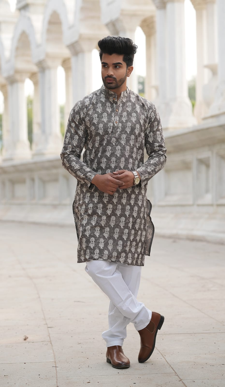 Men's Hand Block Print Cotton Kurta – Charcoal Grey