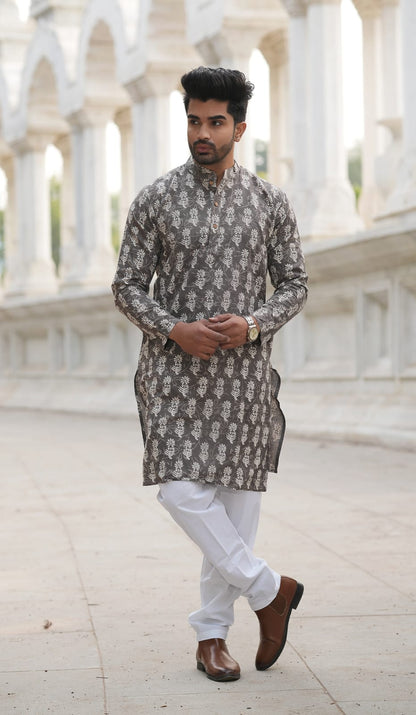 Men's Hand Block Print Cotton Kurta – Charcoal Grey
