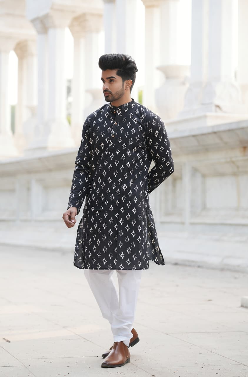 Men's Hand Block Print Cotton Kurta – Black
