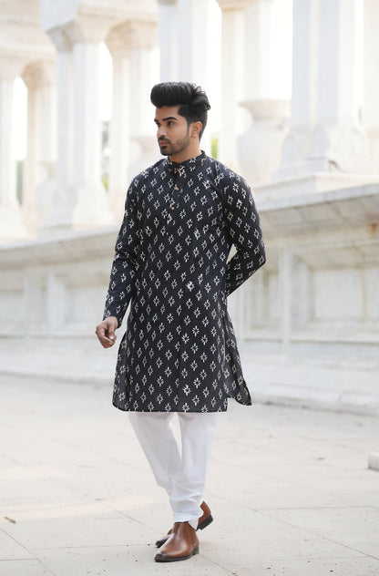 Men's Hand Block Print Cotton Kurta – Black