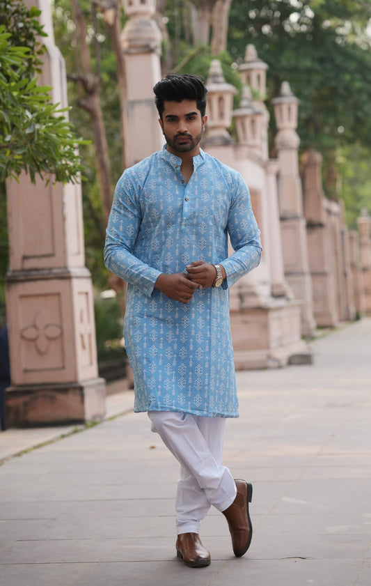 Men's Hand Block Print Cotton Kurta – Royal Blue