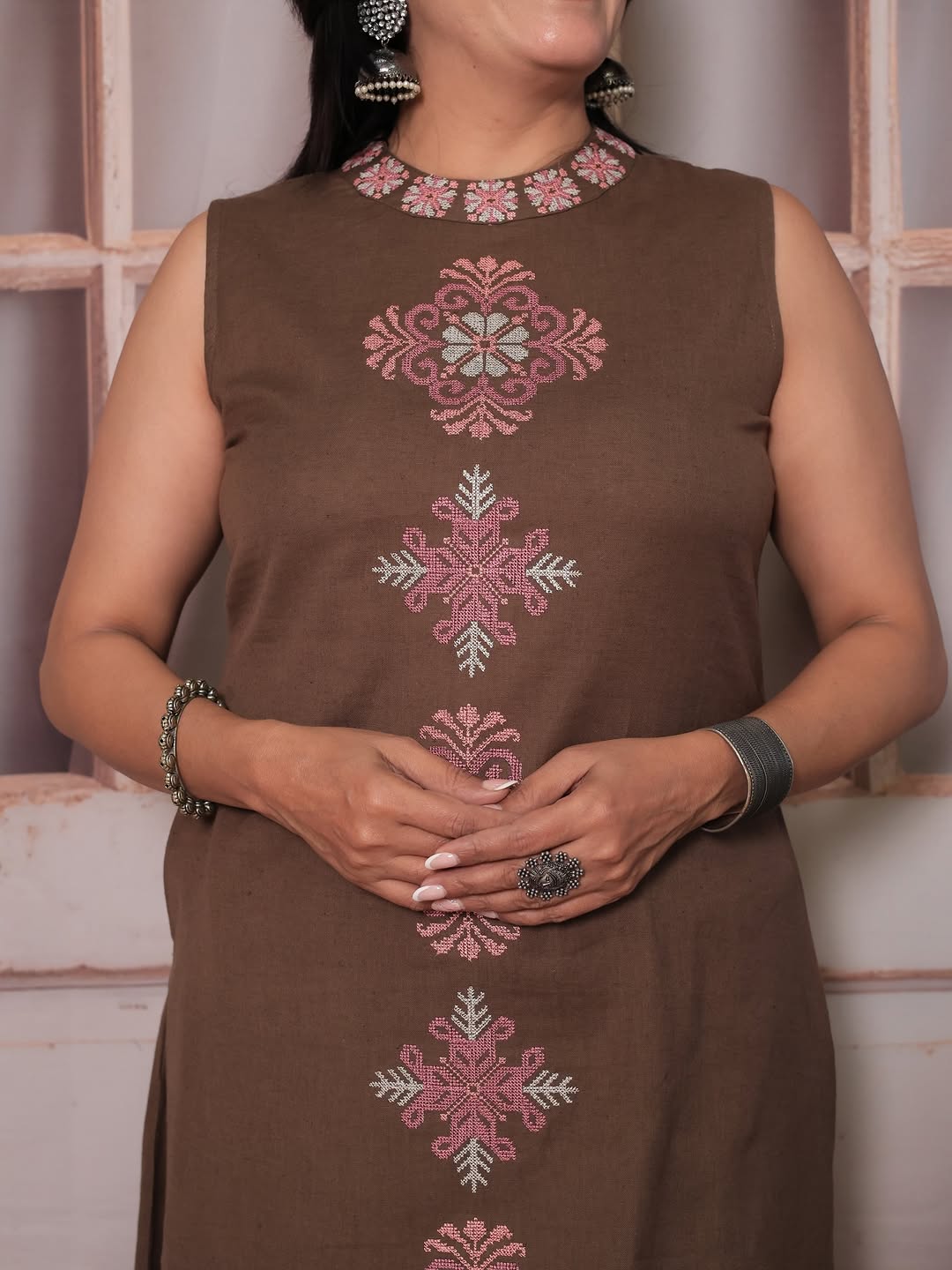 Women's Embroidery Cotton Kurta Palazzo Set – Earthy Brown