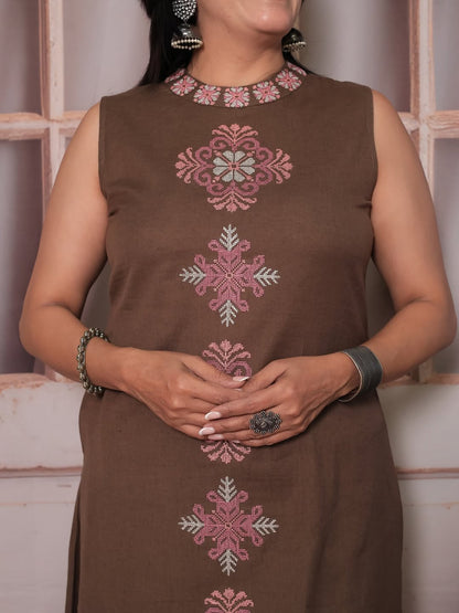 Women's Embroidery Cotton Kurta Palazzo Set – Earthy Brown