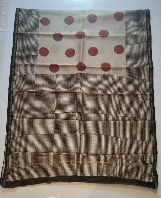 Chanderi Printed Saree – Ivory Noir Polka