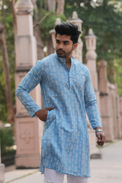 Men's Hand Block Print Cotton Kurta – Royal Blue