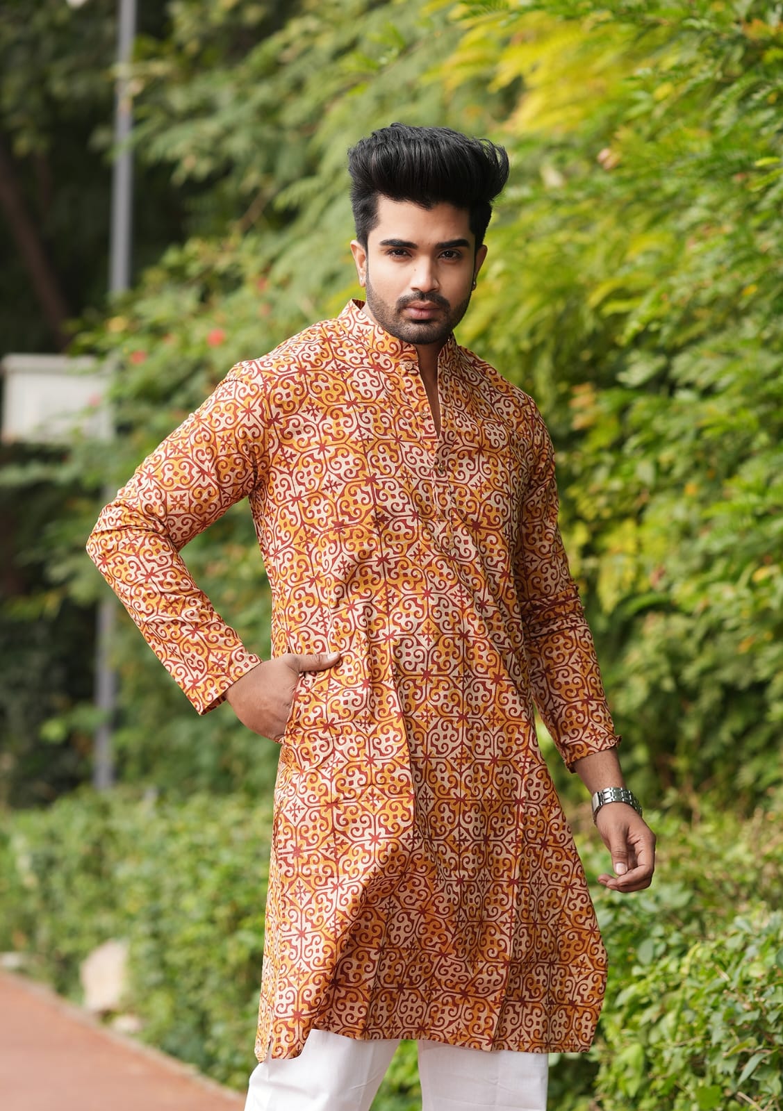 Men's Hand Block Print Cotton Kurta – Orange