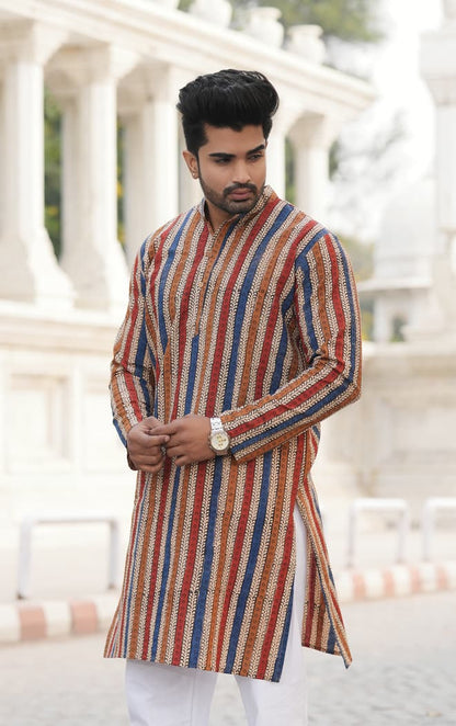 Men's Hand Block Print Cotton Kurta – Multicolor