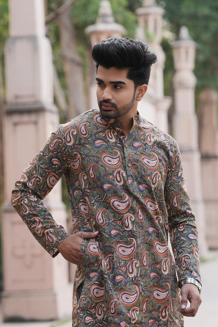 Men's Hand Block Print Cotton Kurta – Green