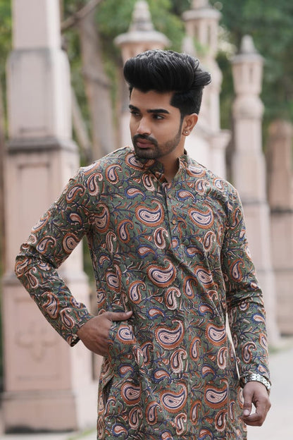 Men's Hand Block Print Cotton Kurta – Green