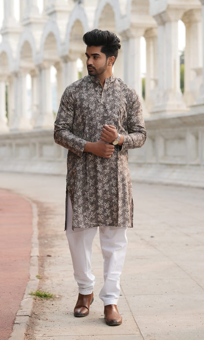 Men's Hand Block Print Cotton Kurta – Charcoal Grey