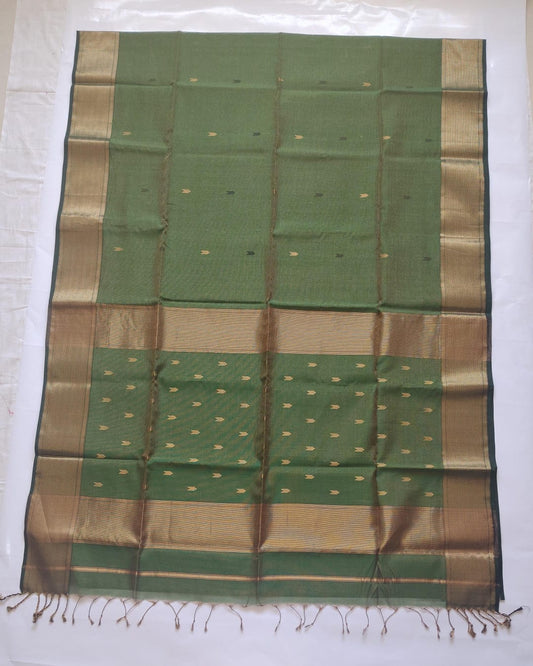 Maheshwari Handloom Silk-Cotton Saree – Forest Green