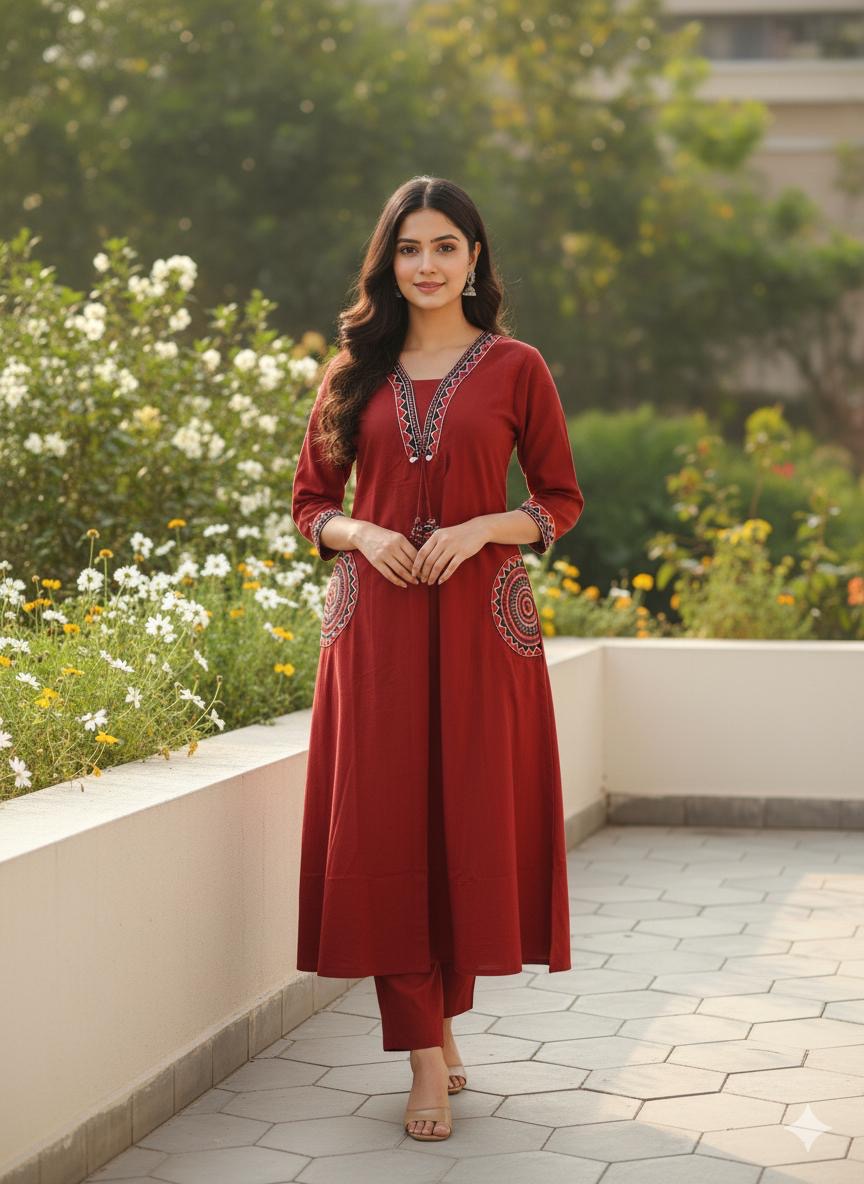 Women's Embroidery Cotton Kurta Palazzo Set – Ruby Red
