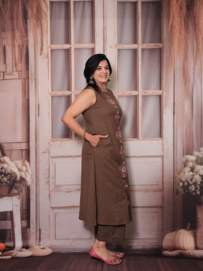 Women's Embroidery Cotton Kurta Palazzo Set – Earthy Brown
