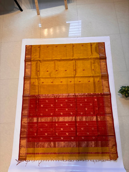 Yellow Maheshwari Handloom Saree with Rich Red Zari Pallu