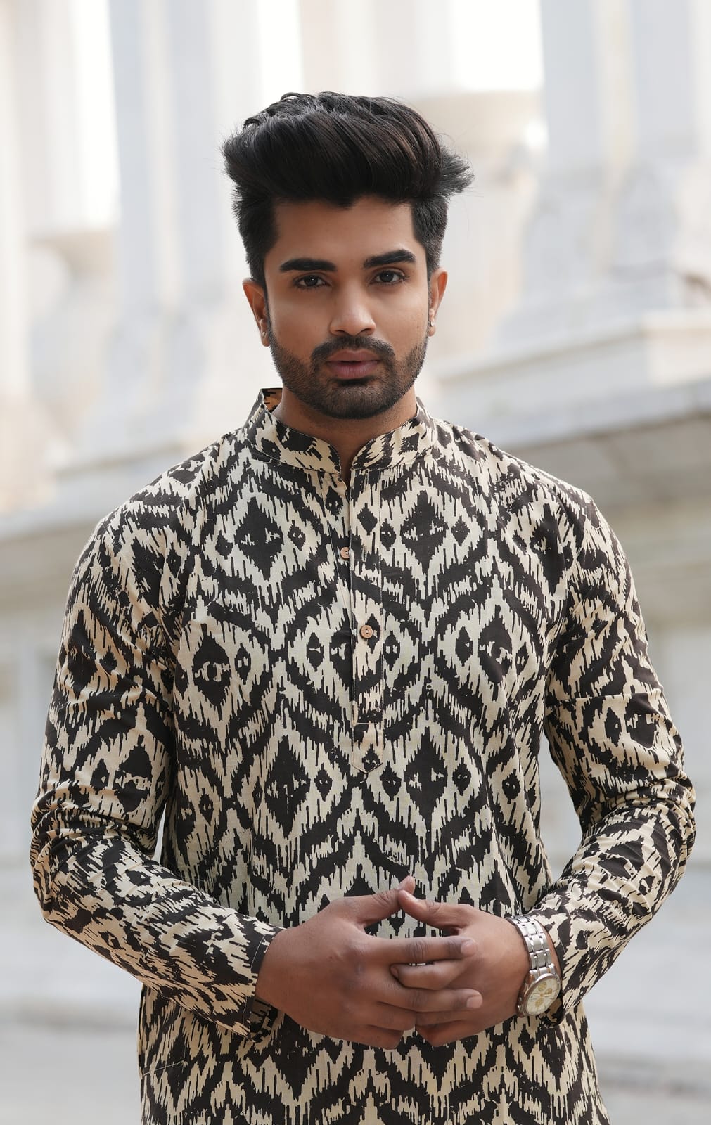 Men's Hand Block Print Cotton Kurta – Black