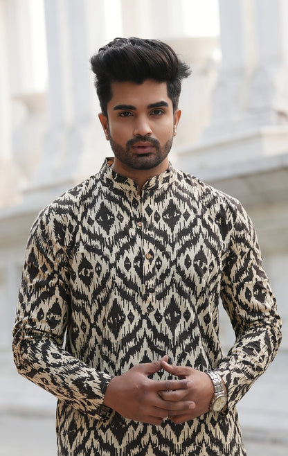 Men's Hand Block Print Cotton Kurta – Black