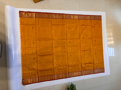 Yellow Maheshwari Handloom Saree with Rich Red Zari Pallu
