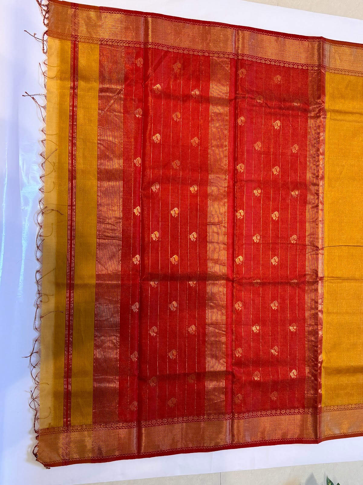Yellow Maheshwari Handloom Saree with Rich Red Zari Pallu