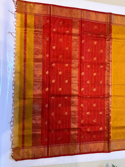 Yellow Maheshwari Handloom Saree with Rich Red Zari Pallu