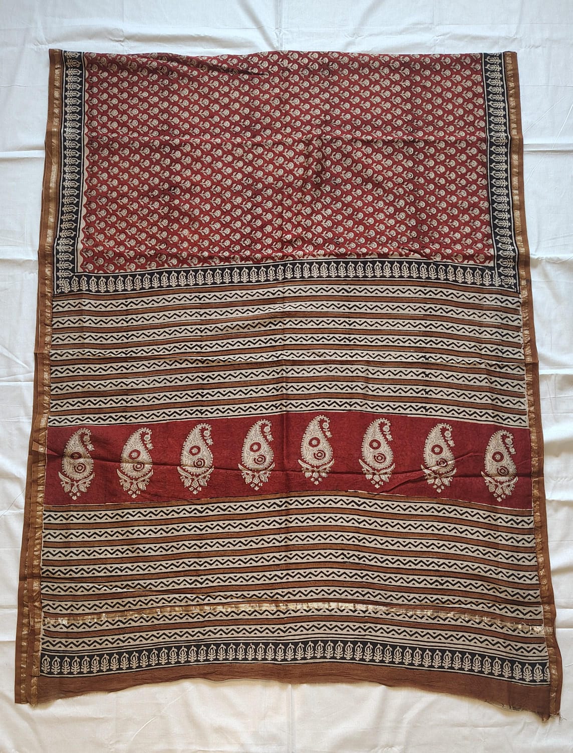 Chanderi Printed Saree – Crimson Maroon Block Print