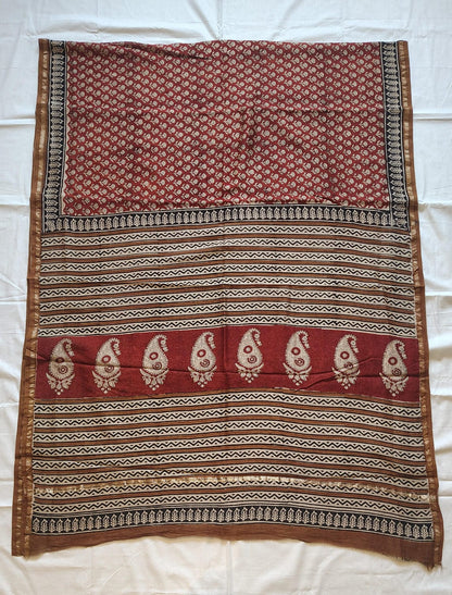 Chanderi Printed Saree – Crimson Maroon Block Print