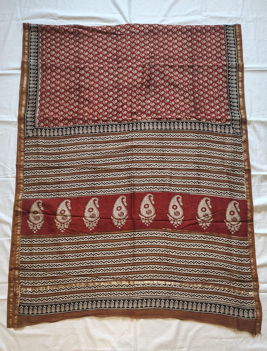 Chanderi Printed Saree – Crimson Maroon Block Print