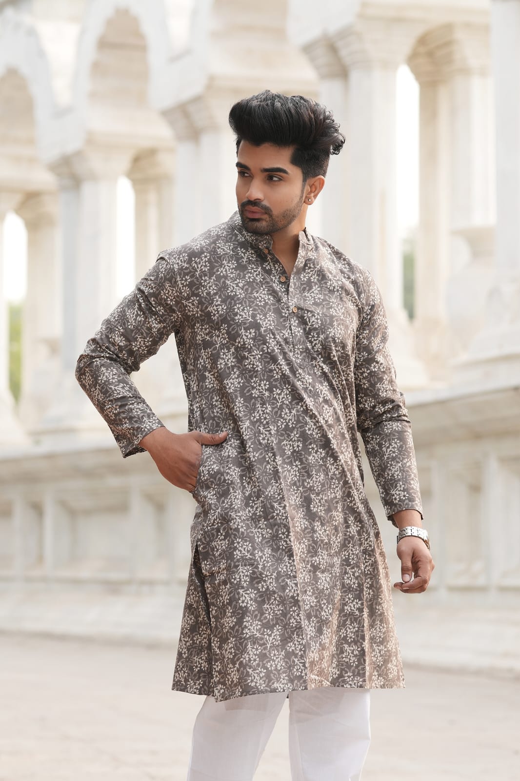 Men's Hand Block Print Cotton Kurta – Charcoal Grey