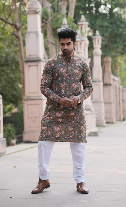 Men's Hand Block Print Cotton Kurta – Green