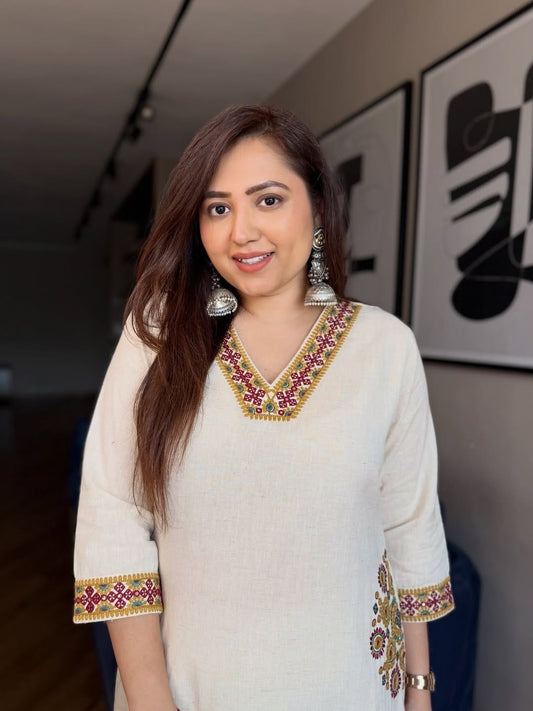 Women's Embroidery Cotton Kurta Palazzo Set – Off-White
