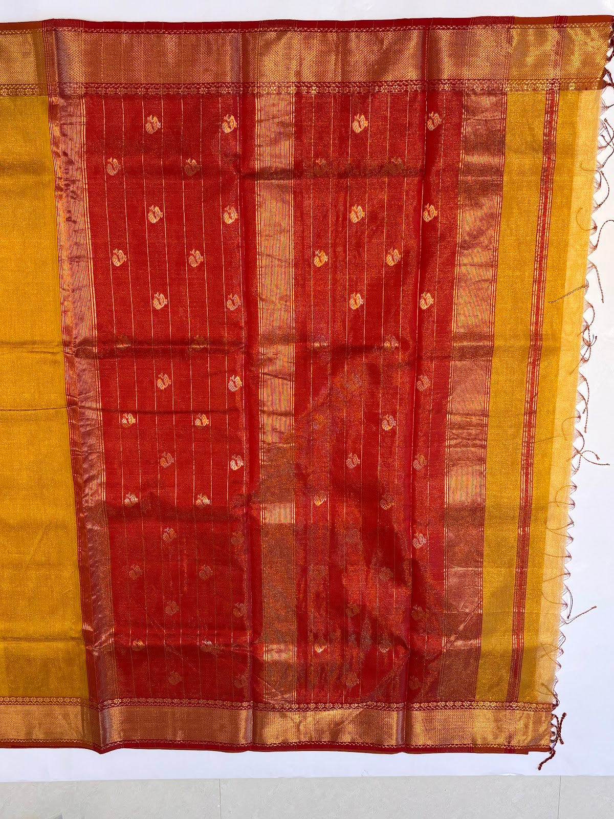 Maheshwari Handloom Silk-Cotton Saree – Mustard Gold with Deep Red Zari Pallu