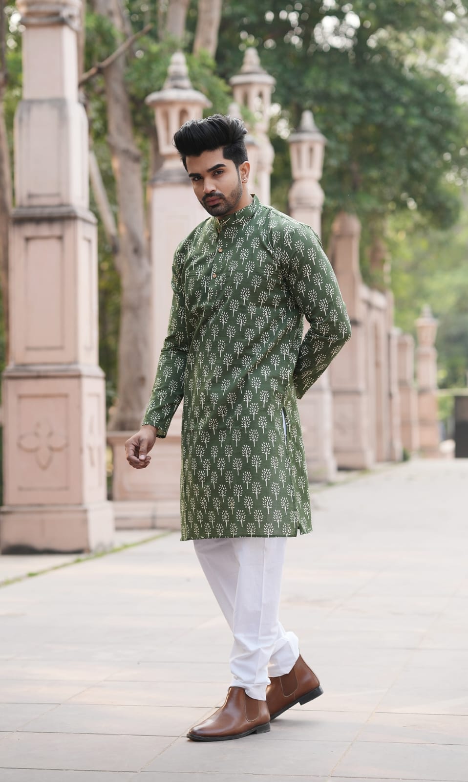 Men's Hand Block Print Cotton Kurta – Green