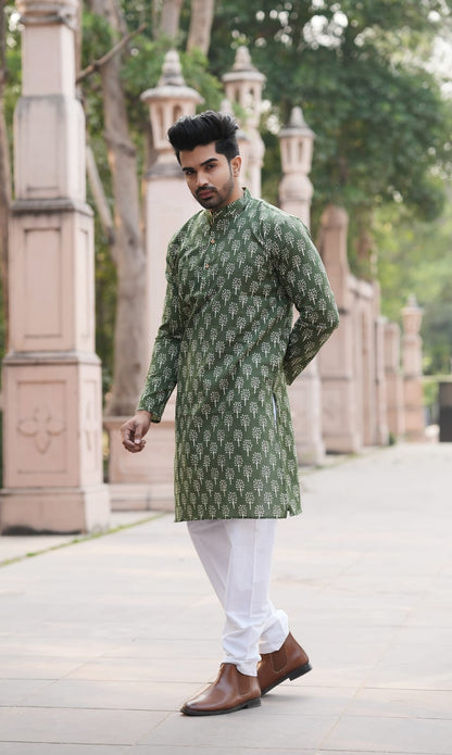 Men's Hand Block Print Cotton Kurta – Green