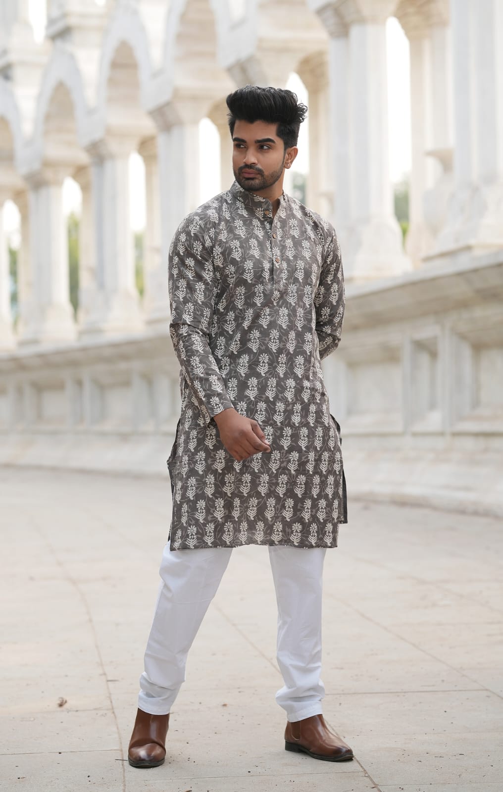 Men's Hand Block Print Cotton Kurta – Charcoal Grey