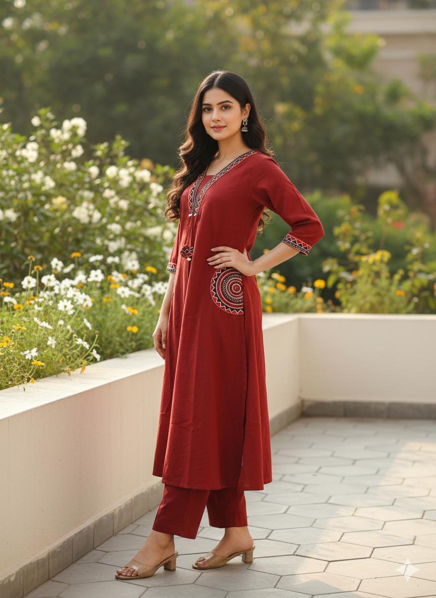 Women's Embroidery Cotton Kurta Palazzo Set – Ruby Red