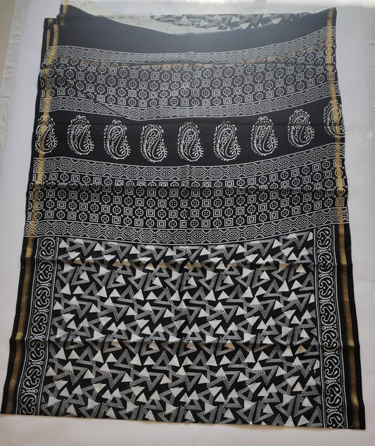 Chanderi Printed Saree – Midnight Black Triangle Print