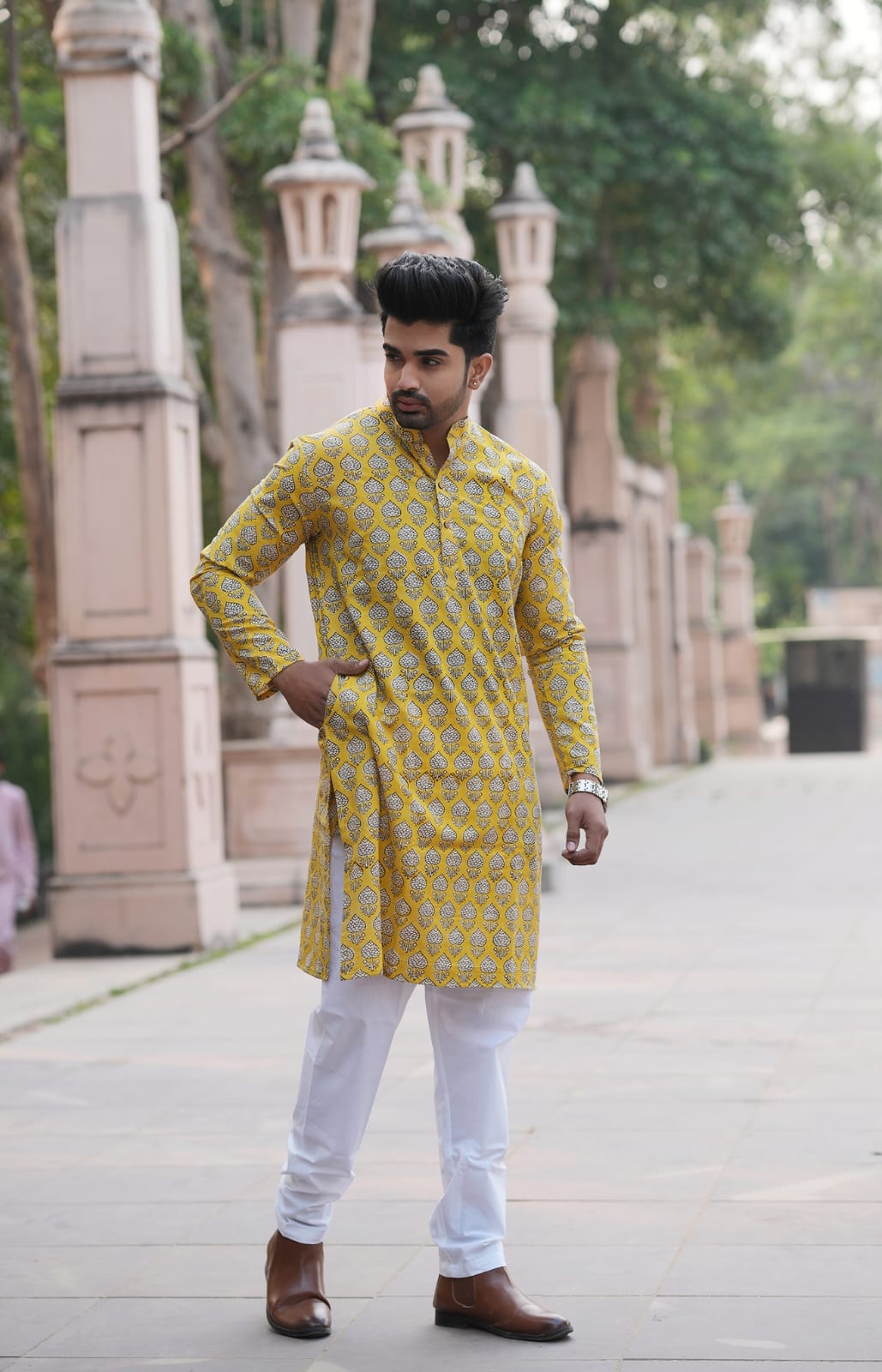 Men's Hand Block Print Cotton Kurta – Mustard Yellow
