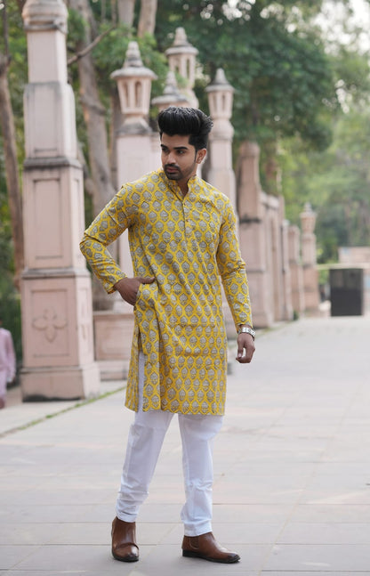 Men's Hand Block Print Cotton Kurta – Mustard Yellow