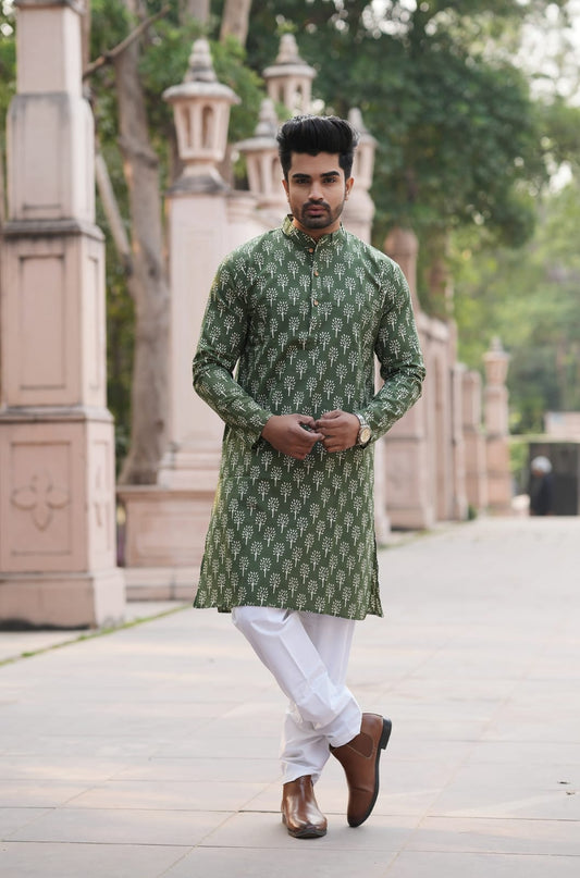Men's Hand Block Print Cotton Kurta – Green