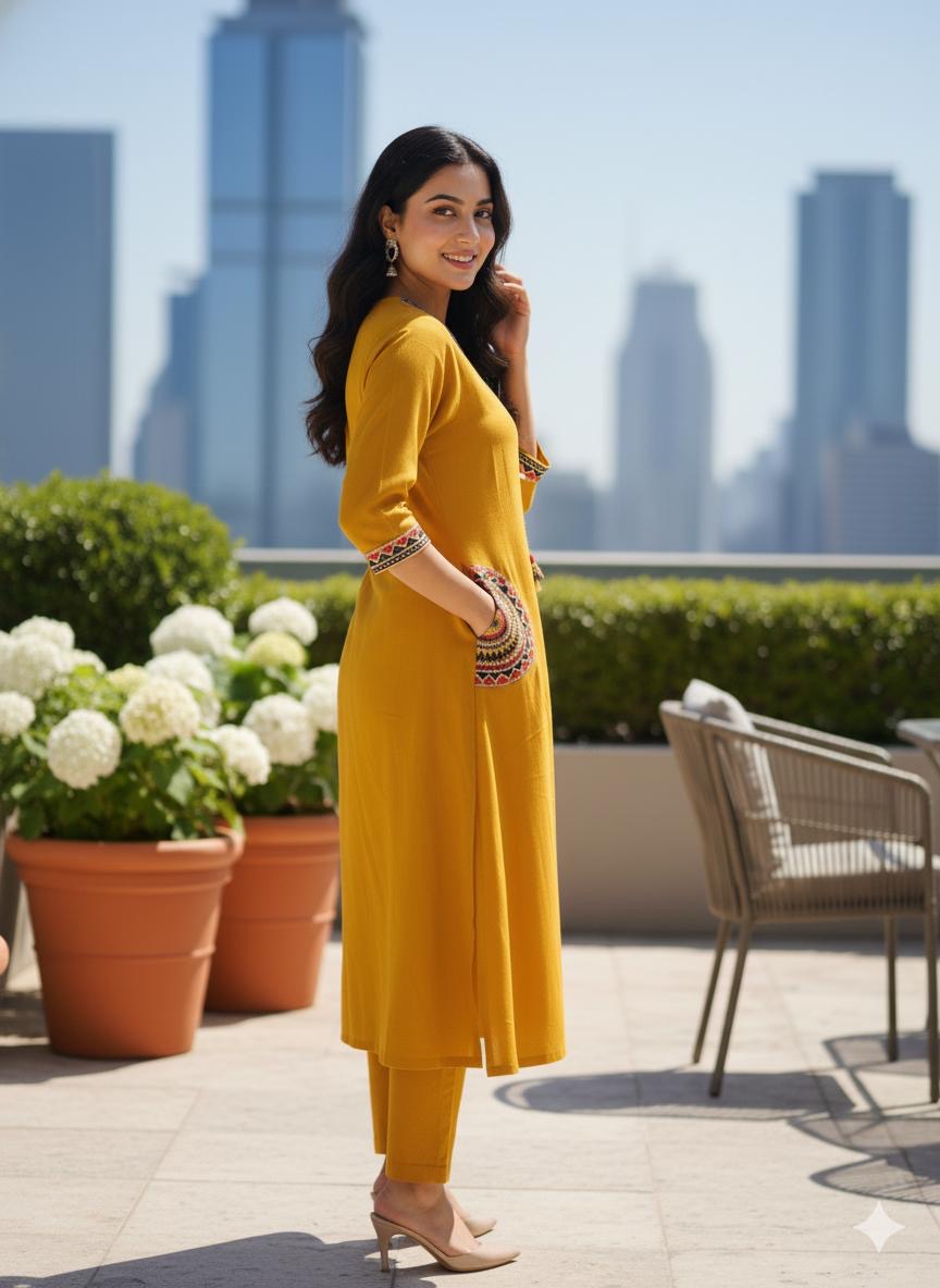 Women's Embroidery Cotton Kurta Palazzo Set – Mustard Yellow