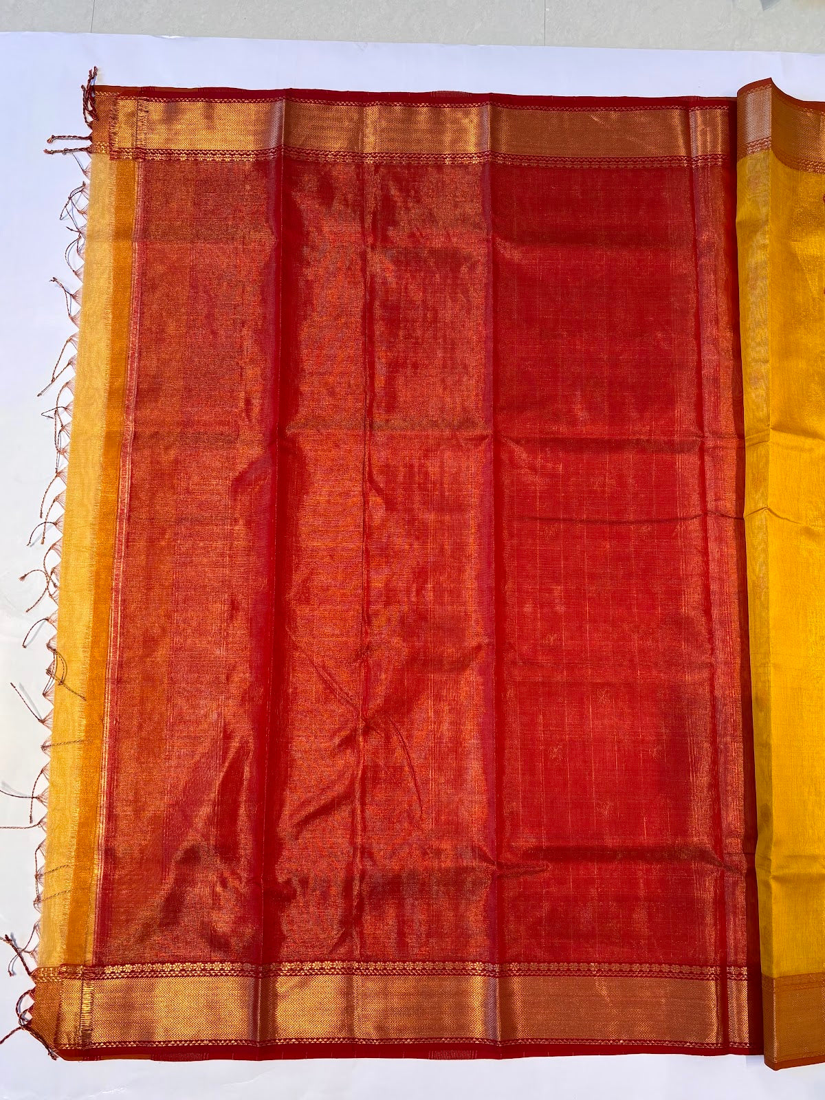 Maheshwari Handloom Silk-Cotton Saree – Mustard Gold with Deep Red Zari Pallu