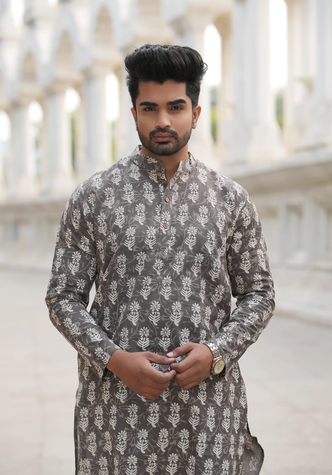 Men's Hand Block Print Cotton Kurta – Charcoal Grey