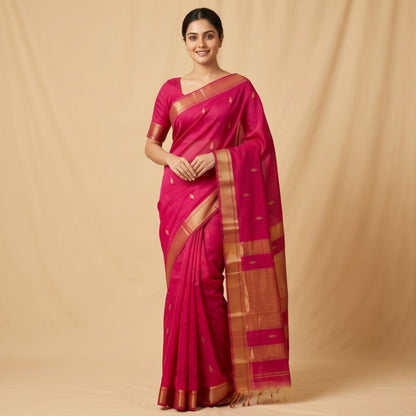 Maheshwari Handloom Silk-Cotton Saree – Vibrant Pink