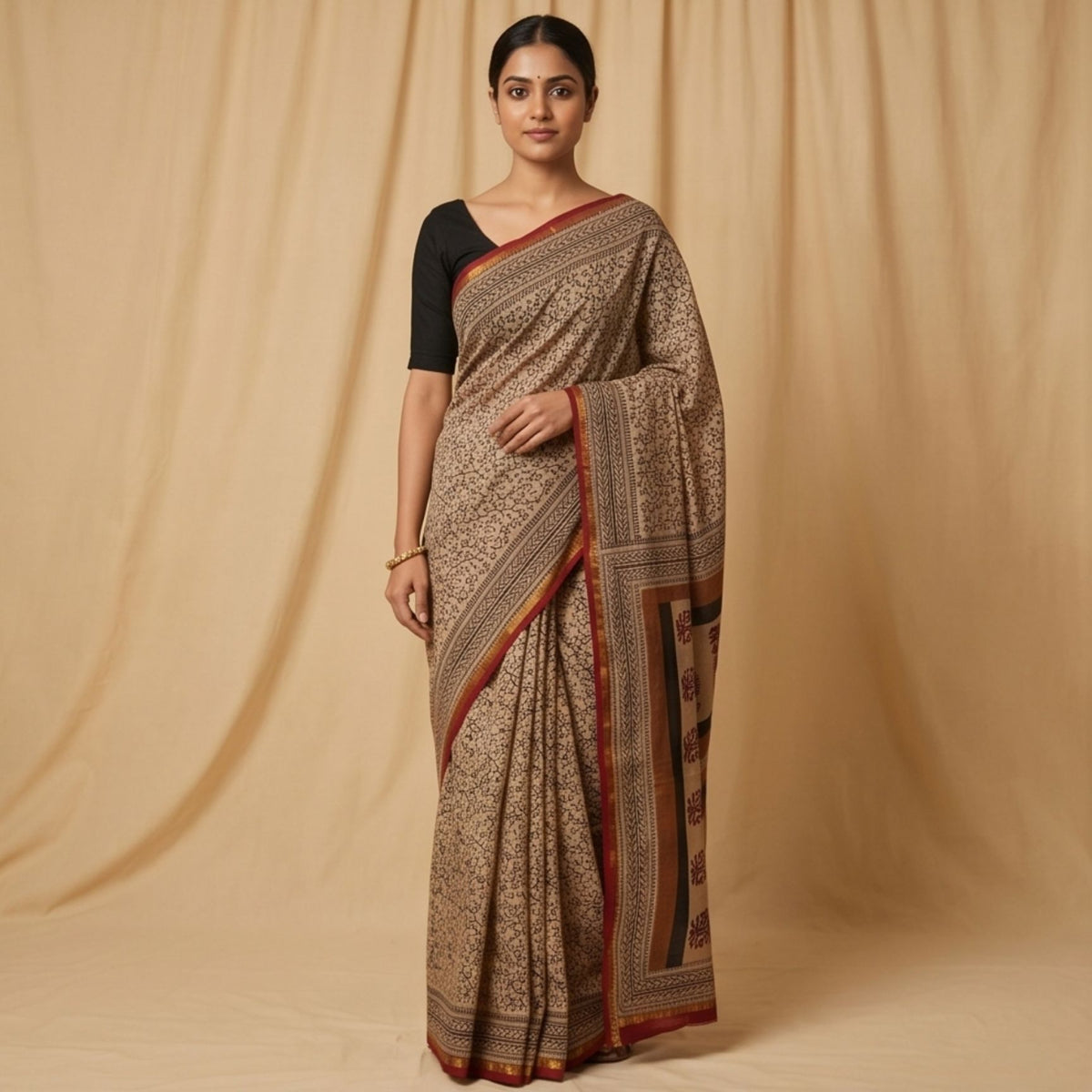 Chanderi Printed Saree – Crimson & Earthy Brown