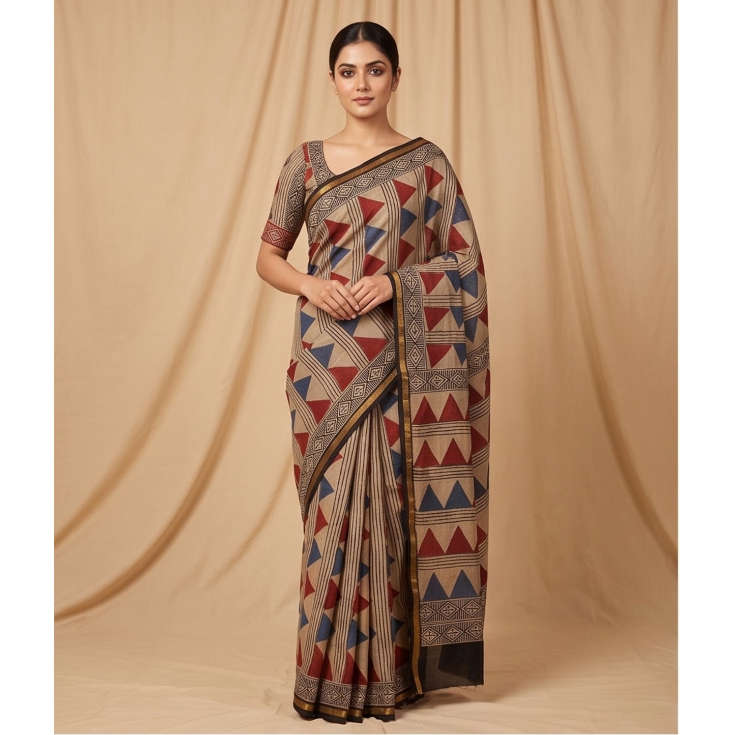 Chanderi Printed Saree – Crimson & Blue
